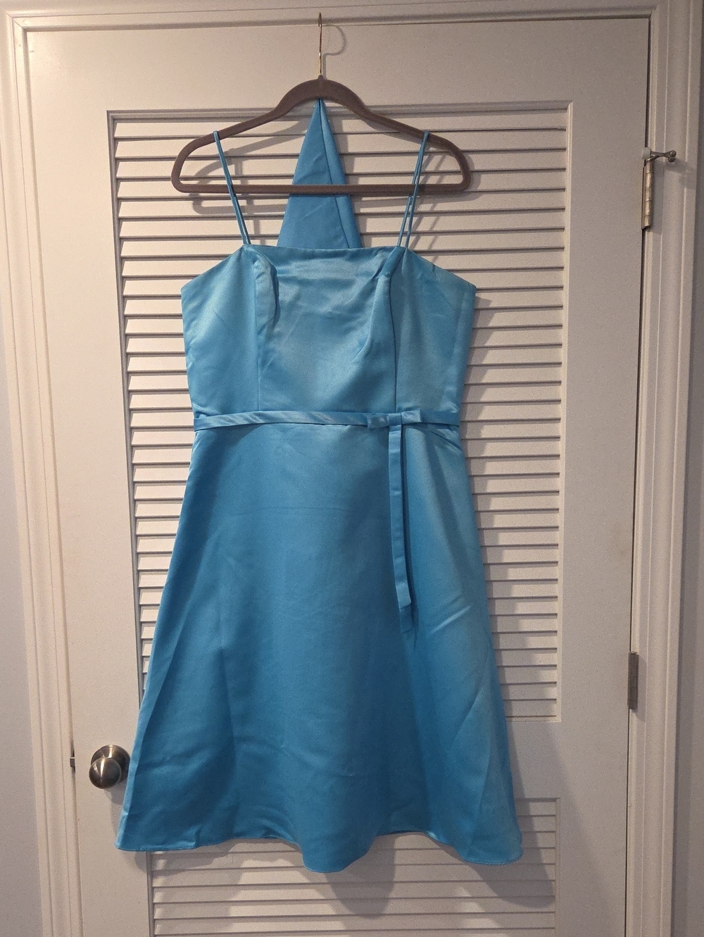 Fiesta Sky Blue Satin A-Line Dress with Halter Accent